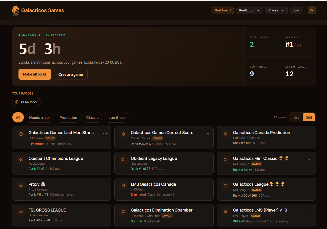 A Galacticos dashboard showing a player's games in progress